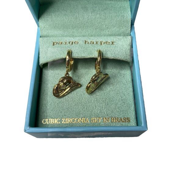 Paige Harper Gold Tone Cowgirl Cowboy Hat Cubic Zirconia Set in Brass Earrings - Picture 2 of 5